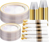 WELLIFE 700 Pieces Silver Plastic Dinnerware Set for 100 Guests - Includes Plates, Cups, Napkins, and Disposable Cutlery - Elegant White & Silver Design, Perfect for Parties and Events