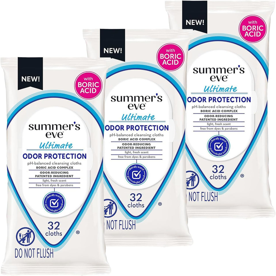 Summer's Eve fragrance-free feminine wipes, gentle pH-balanced micellar water formula for vaginal odor control, resealable pack, 32 wipes