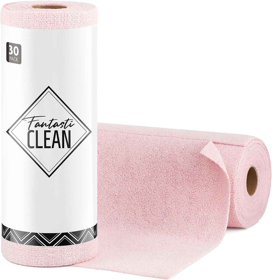 Fantasticlean Microfiber Cleaning Cloth Roll -75 Pack, Tear Away Microfiber Towels, 12" x 12", Reusable, Washable, Scratch Free, Ultra Absorbent Dishcloth for All-Around Cleaning Supplies (Pink)