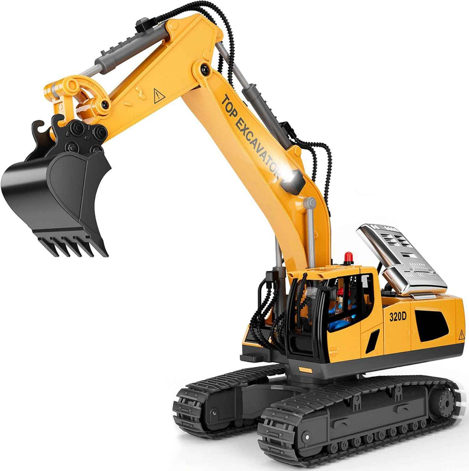 KIDMARKT remote control excavator toy for boys, 11-Channel metal construction truck with lights, 2x1200mAh batteries, 120-Min playtime