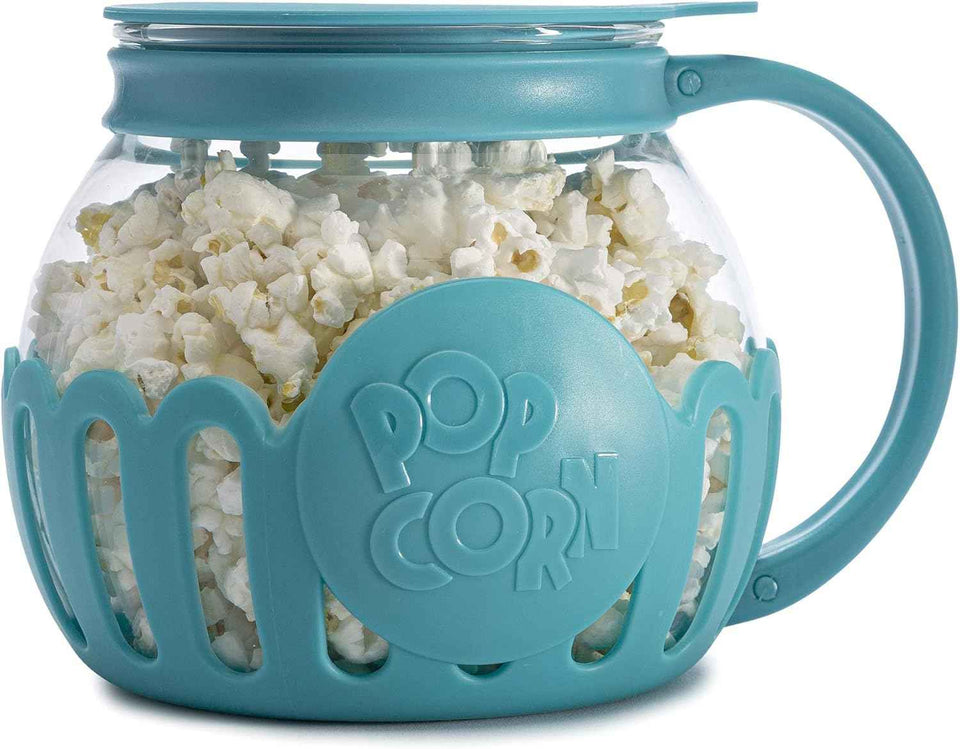 Ecolution Patented Micro-Pop Microwave Popcorn Popper with Temperature Safe Glass, 3-in-1 Lid Measures Kernels and Melts Butter, Made Without BPA, Dishwasher Safe, 1.5-Quart, Aqua