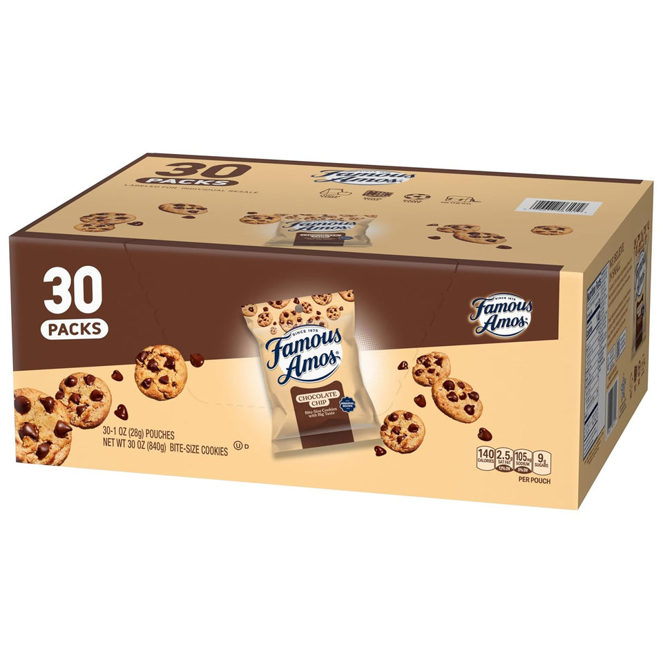 Famous Amos Original Recipe Chocolate Chip Bite-Size Cookies, 30 Pack Box, 30 oz