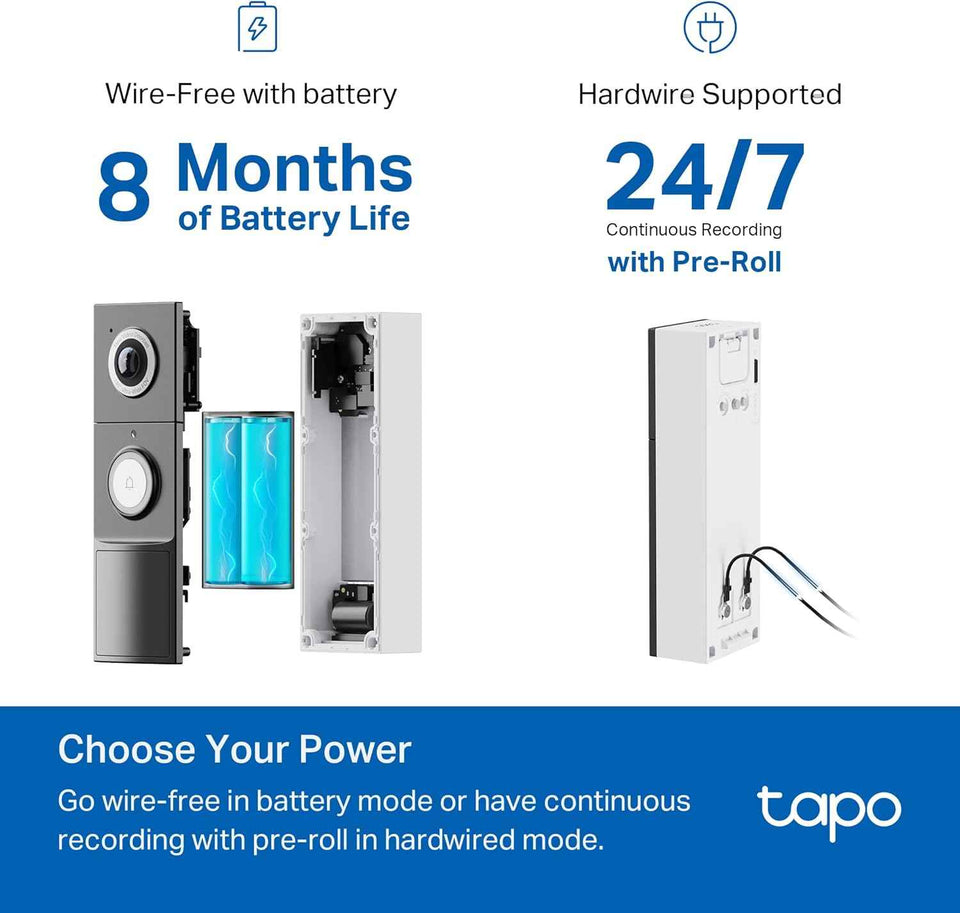 Tapo 2K+ smart doorbell with 180° view, person/vehicle/package detection, 2-way audio, battery up to 8 months, D225