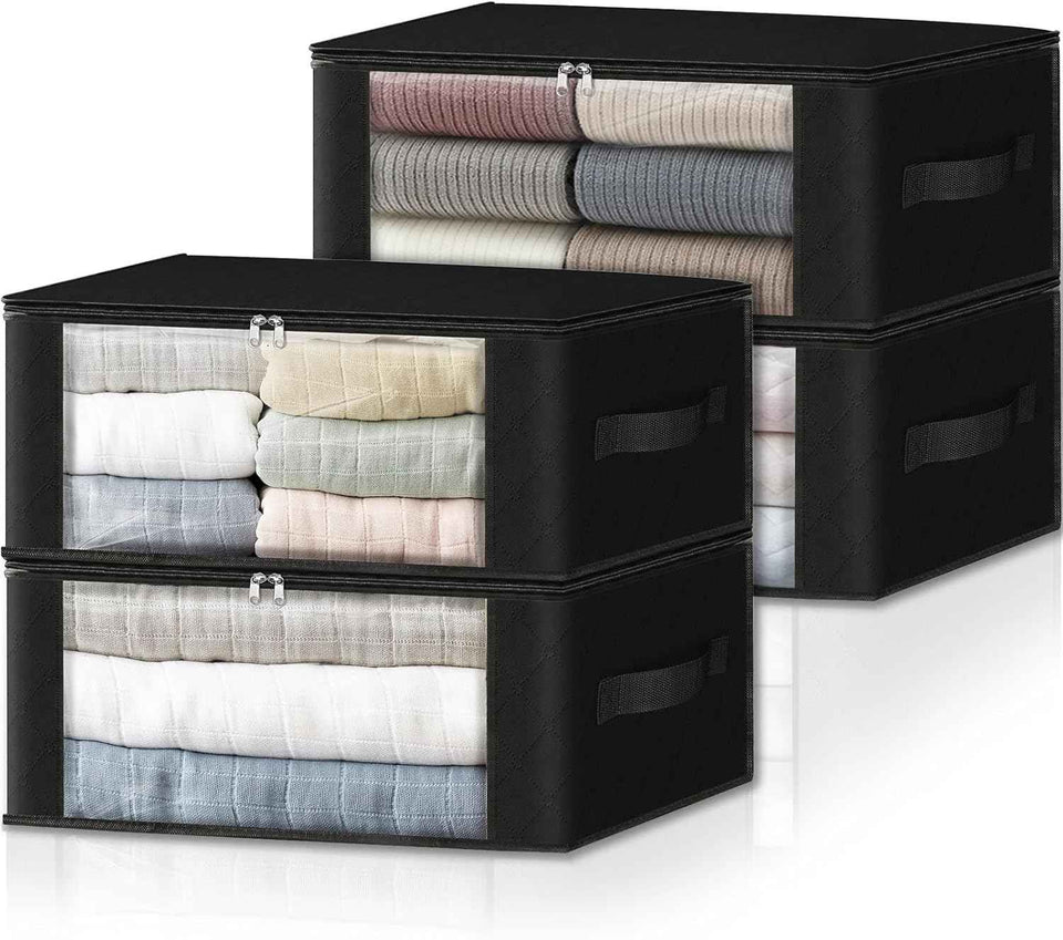 HomeHacks Storage 3-Pack Clothes Organizer Storage Bags Foldable Storage Box with Large Clear Window Sturdy Handles for Closet, Dorm, Pillows, Bedding, Clothes, Blankets, 35L, Gray