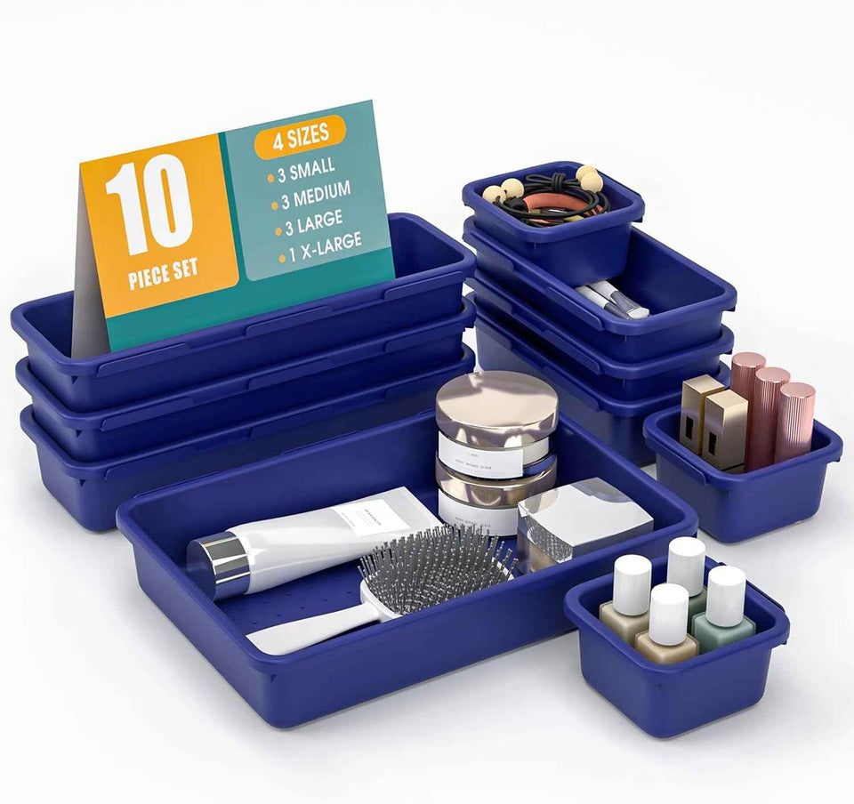 10 PCS Drawer Organizer Set, 4 Size Makeup Drawer Divider Organizer With Non-Slip Pads, Interlocking Plastic Storage Bins for Office,Jewelry Vanity,Gadgets, Bathroom,Kitchen, Black