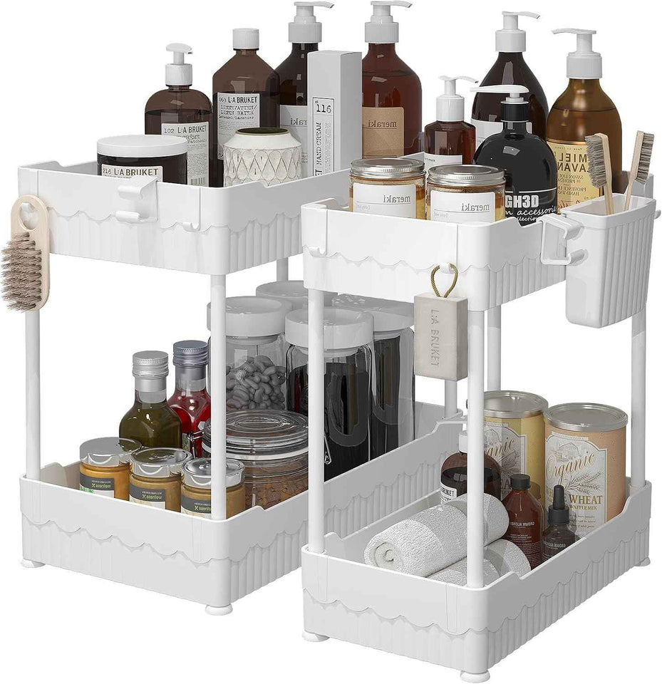 2 Pack Under Sink Organizer, Under Bathroom Cabinet Organizer with Hooks Hanging Cup, Multi-Purpose Storage Shelf for Kitchen Bathroom, Black