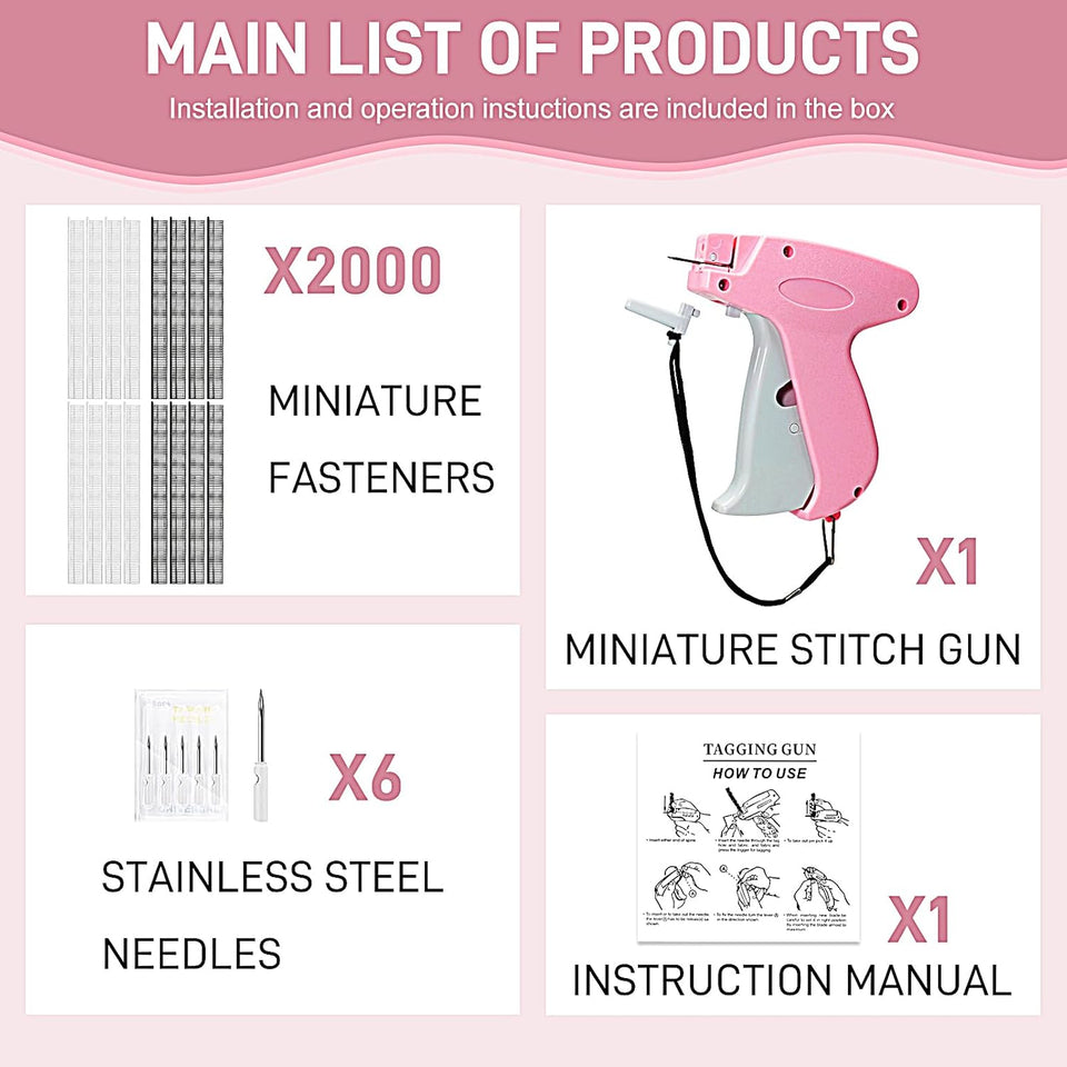 Stitch Gun for Clothes， Handheld Stitch Gun Quick Clothing Fixer，Sewing Kit Includes 1,000 Black Fasteners & 1,000 White Fasteners & 6 Needles，Tagging Gun（Pink）