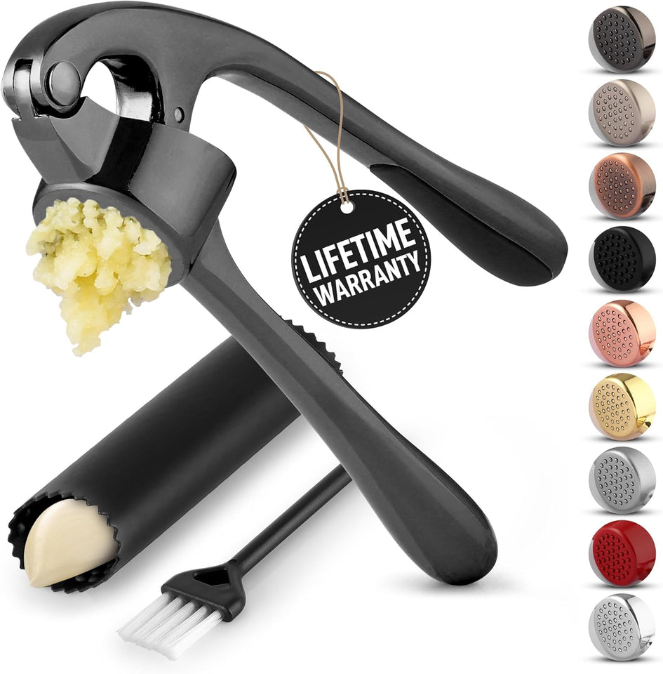 Zulay Kitchen Premium Garlic Press Set - Rust Proof Professional Garlic Mincer Tool - Easy-Squeeze, Easy-Clean with Soft, Ergonomic Handle - Silicone Garlic Peeler & Brush-Dark Gray