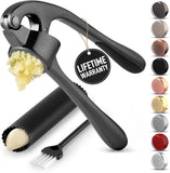 Zulay Kitchen Premium Garlic Press Set - Rust Proof Professional Garlic Mincer Tool - Easy-Squeeze, Easy-Clean with Soft, Ergonomic Handle - Silicone Garlic Peeler & Brush-Dark Gray