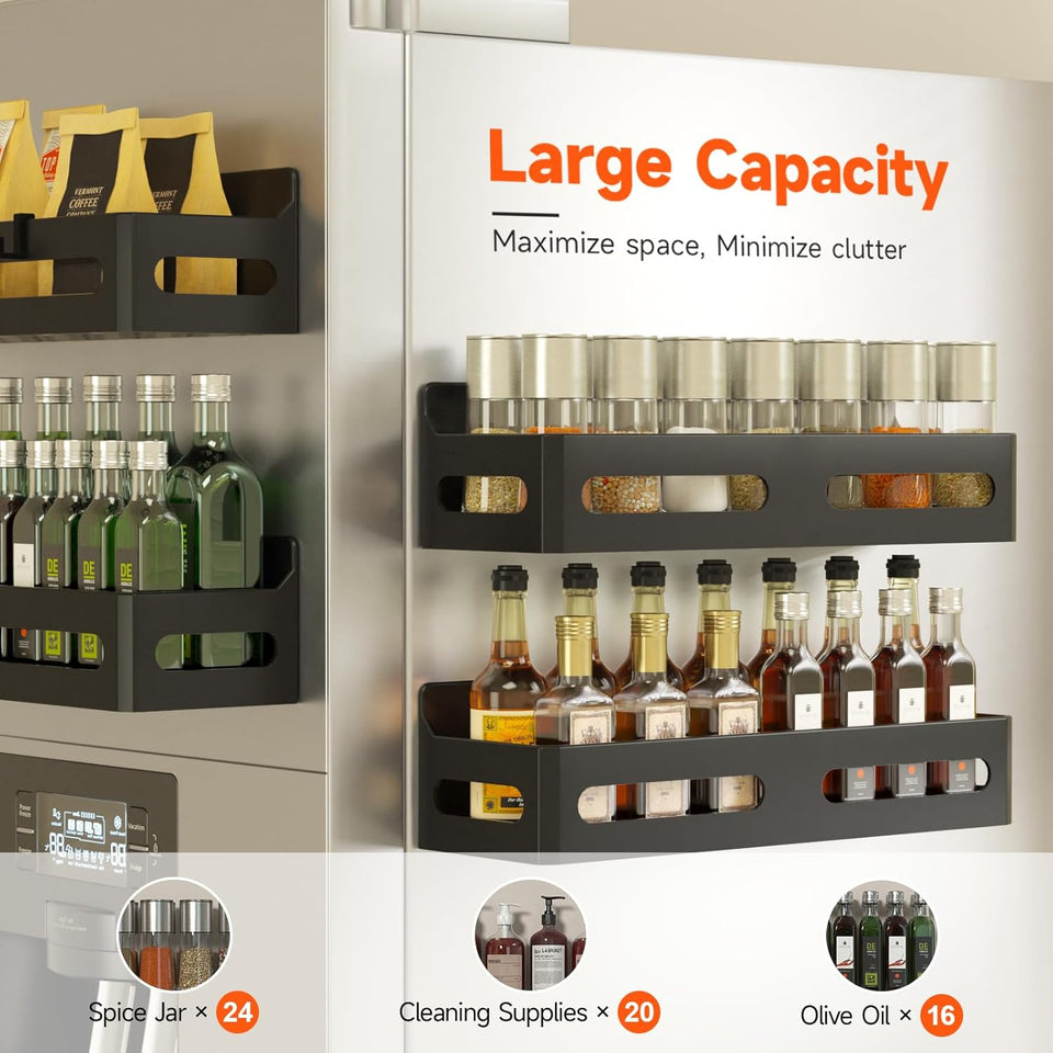 4 Pack Strong Magnetic Spice Rack for Refrigerator, Multipurpose Magnetic Shelf for Fridge with 4 Hooks for kitchen and Bathroom Organization, Black