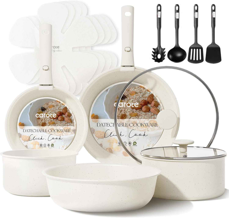 CAROTE 17pcs Nonstick Cookware Set with Detachable Handle, Induction Kitchen Cookware for RV, Camping, and Travel