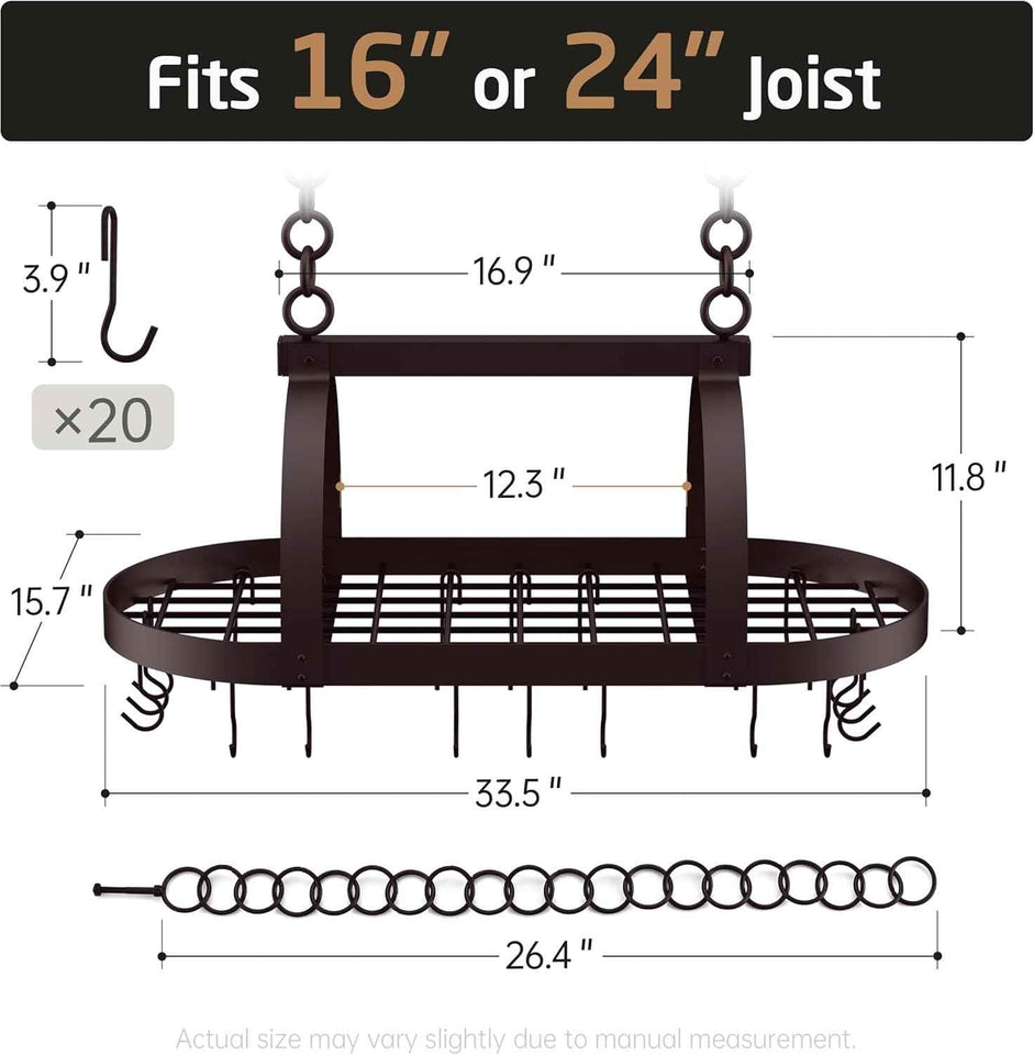 KES 34 Inch Oiled Bronze Hanging Pot Rack, Heavy Duty Oval Pot and Pan Hanging Rack Ceiling Mount, Pot Pan Hangers for Kitchen with 20 Hooks, (For 16" and 24" Joist Mount), KUR221S85-OB