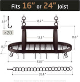 KES 34 inch Oiled Bronze Hanging Pot Rack with 20 Hooks for Kitchen Ceiling Mount, Heavy Duty Oval Pot Pan Hangers for 16 and 24 inch Joist Mount
