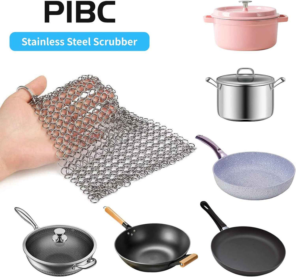 PIBC Cast Iron Cleaner 8"x6" 316L Stainless Steel Chainmail Scrubber for Griddle Skillet Dutch Oven Wok Stainless Steel Pot Cast Iron Pan