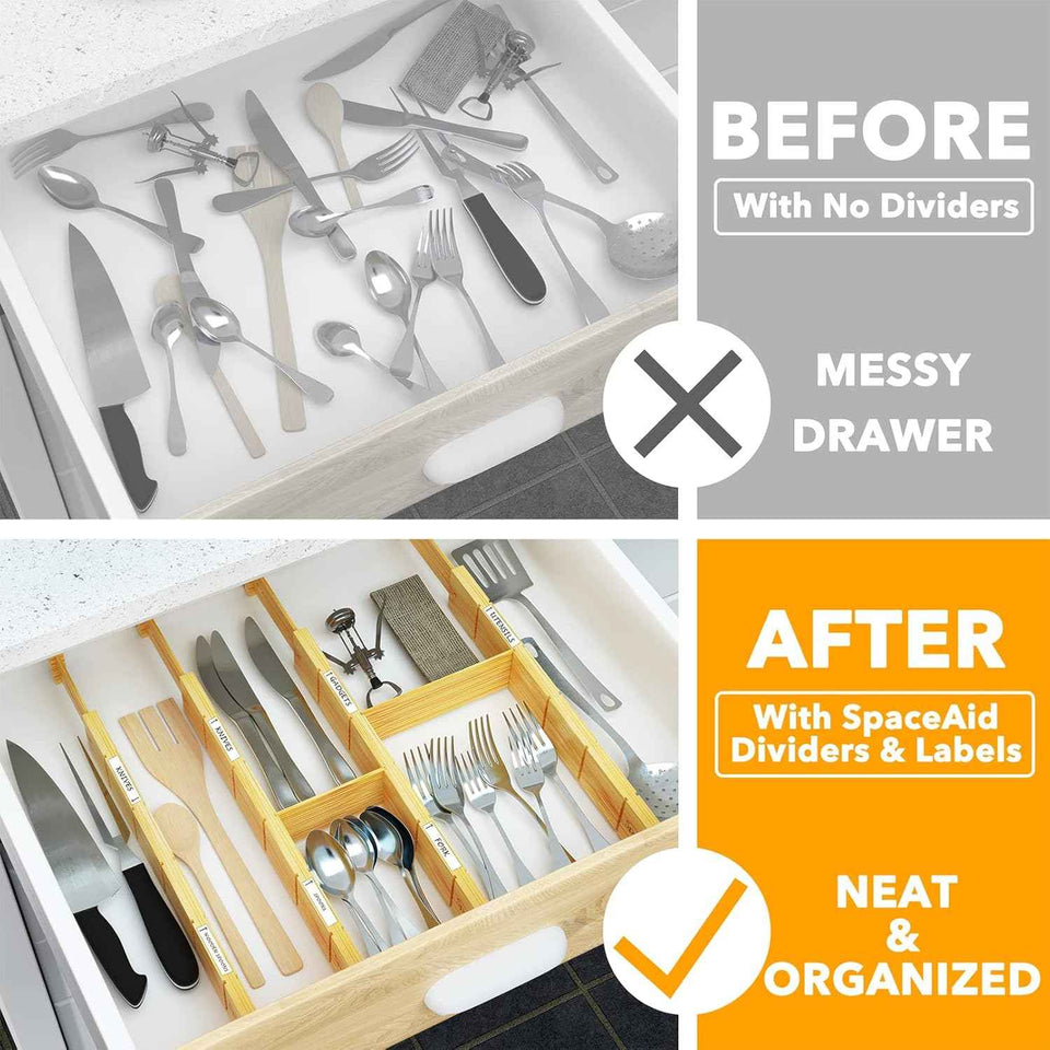 SpaceAid Bamboo Drawer Dividers with Inserts and Labels, Expandable Organization for Home, Office, Dressers, 4 Dividers