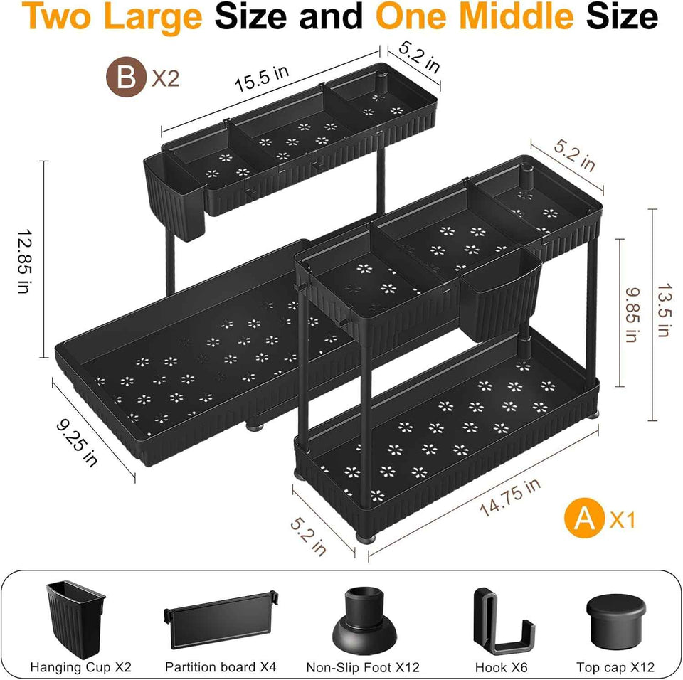 3 Pack L-Shaped Under Sink Organizer with Hooks and Hanging Cup, Black, 2026 Model