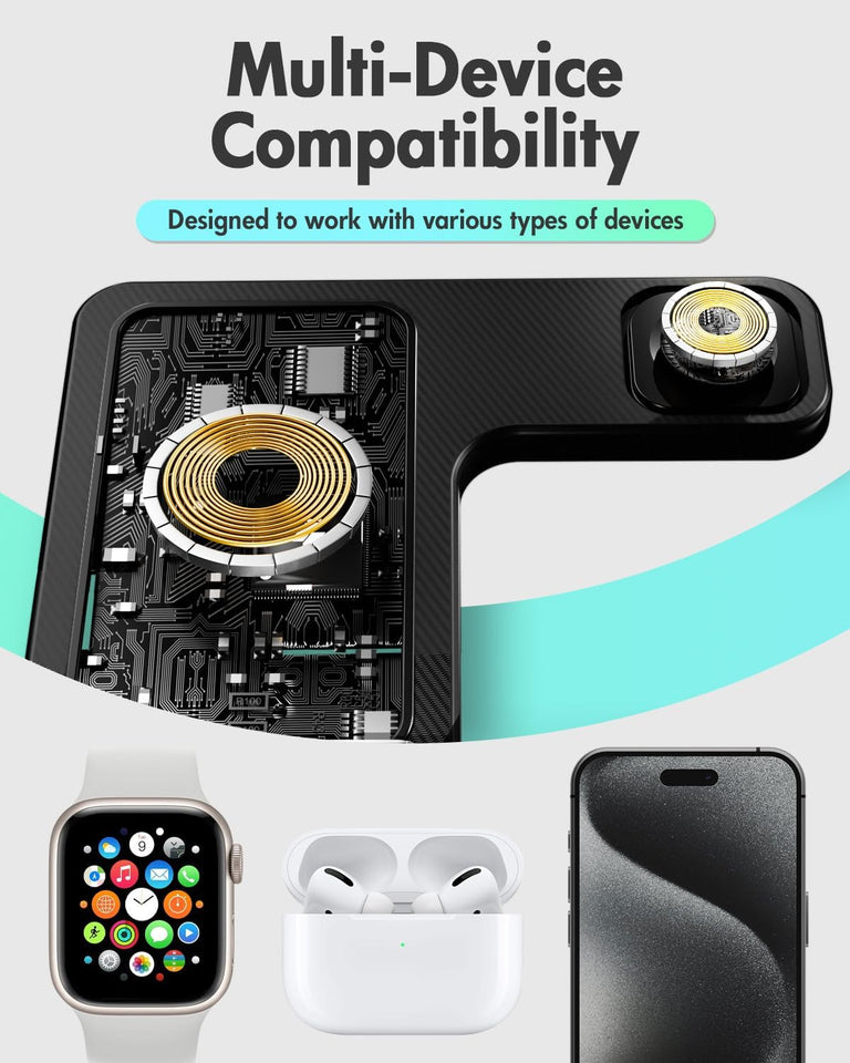 Wireless Charger iPhone Charging Station: 3 in 1 Charger Stand Multiple Devices for Apple - iPhone 16e 16 15 14 Pro Max 13 12 11 - Watch 10 9 8 7 6 5 4 3 2 SE and Ultra Series - Airpods 4 3 2 Pro - Rayz Mart