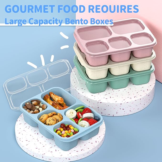 Bento Box Adult Lunch Box - 4 Pack, 5 - Compartment Meal Prep Container for Kids, Reusable Food Storage Snack Containers - Stackable for School, Work, and Travel (Wheat(Green/Blue/Pink/Beige))