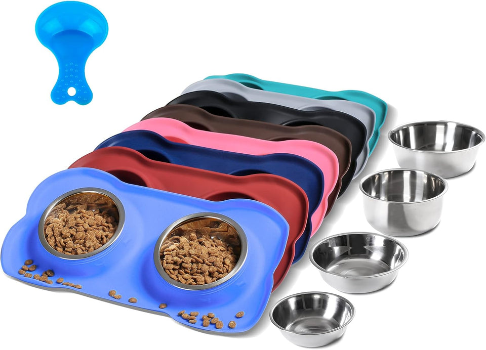 hubulk pet dog bowls 2 stainless steel no spill non skid silicone mat pet food scoop water feeder for small medium large dogs cats