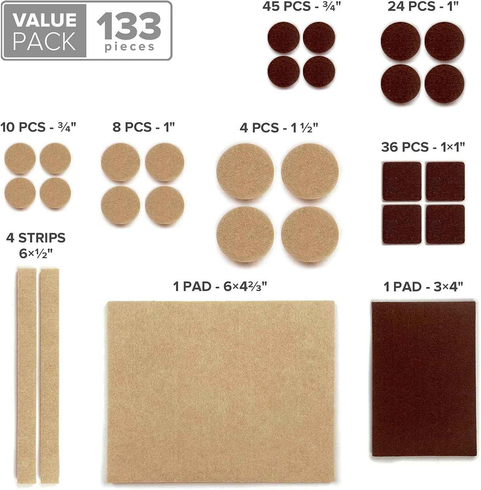 Felt Furniture Pads X-PROTECTOR 133 PCS, Premium Felt Pads for Wood Floor Protection, Brown and Beige, Protective Furniture Feet