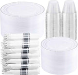 WELLIFE 700 Pieces Silver Plastic Dinnerware Set for 100 Guests - Includes Plates, Cups, Napkins, and Disposable Cutlery - Elegant White & Silver Design, Perfect for Parties and Events