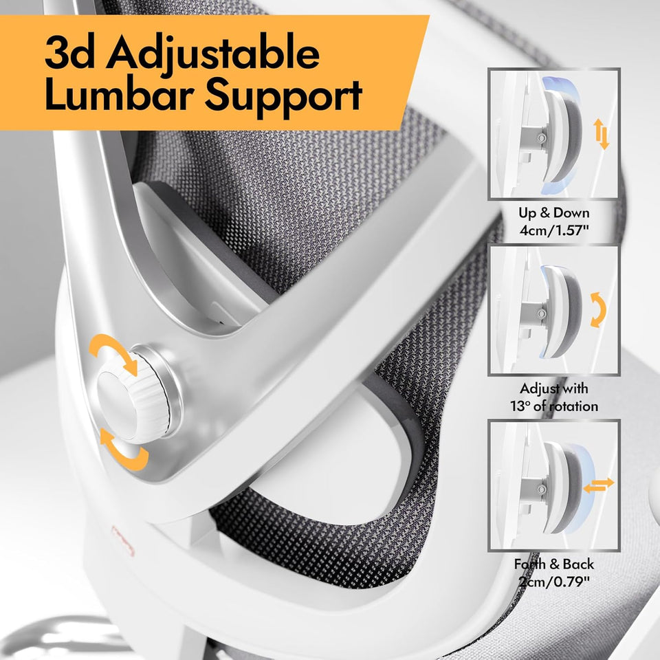 Ergonomic Mesh Office Chair - 3D Adjustable Lumbar Support & 3D Armrests, V-Shaped Back, Adjustable Desk Chair for Office & Home, White