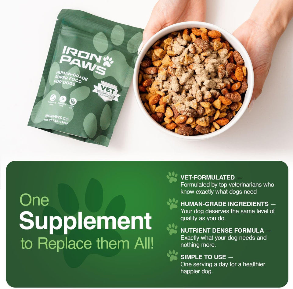 Iron Paws human-grade superfood powder for dogs dental health longevity hip joint gut allergies immune support skin coat 3.5 oz
