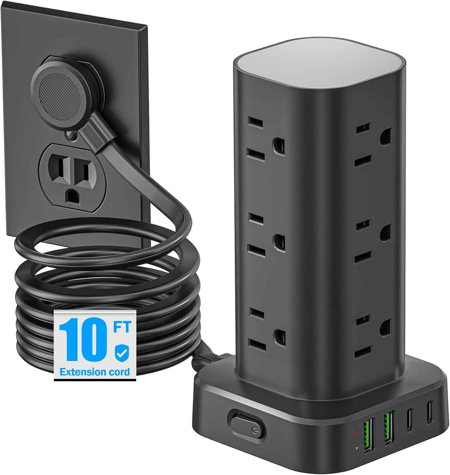Tower Power Strips with Surge Protection, 6FT Flat Extension Cord with Multiple Outlets, 12 AC 4 USB Ports, Overload Protection Charging Station for Office Home Dorm Room Travel (White)