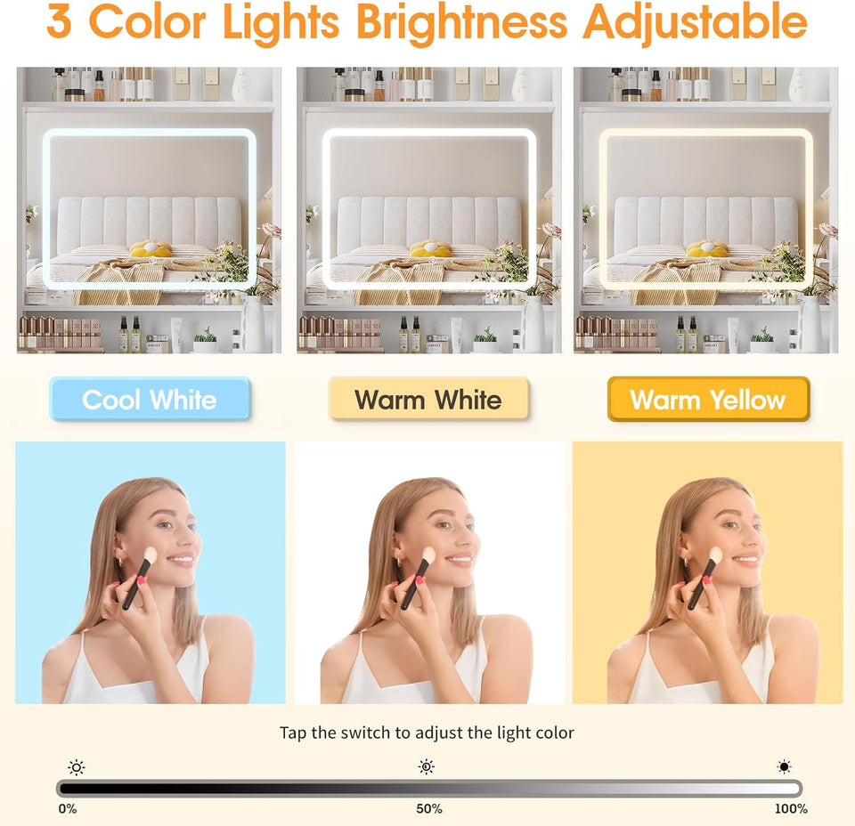 Vabches Make Up Vanity Desk with Mirror and Lights, White Vanity Table Set with Charger Station,Girls Small Vanity and Storage Chair