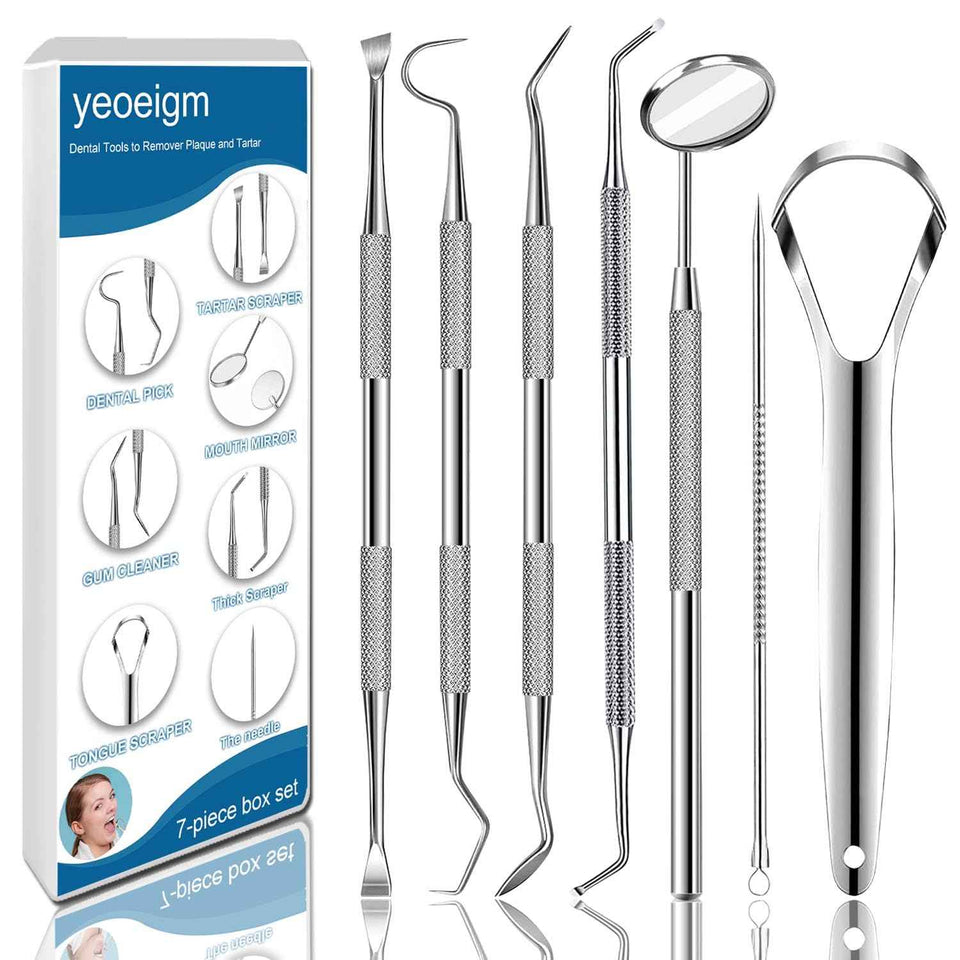 Professional dental tools kit, 7pcs, stainless steel, tongue scraper, plaque tartar cleaner, personal and pets use
