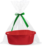 White small woven burr basket with gift bags and ribbons, 12" x 8" x 5", durable storage for gifts, baby toys, and living room essentials