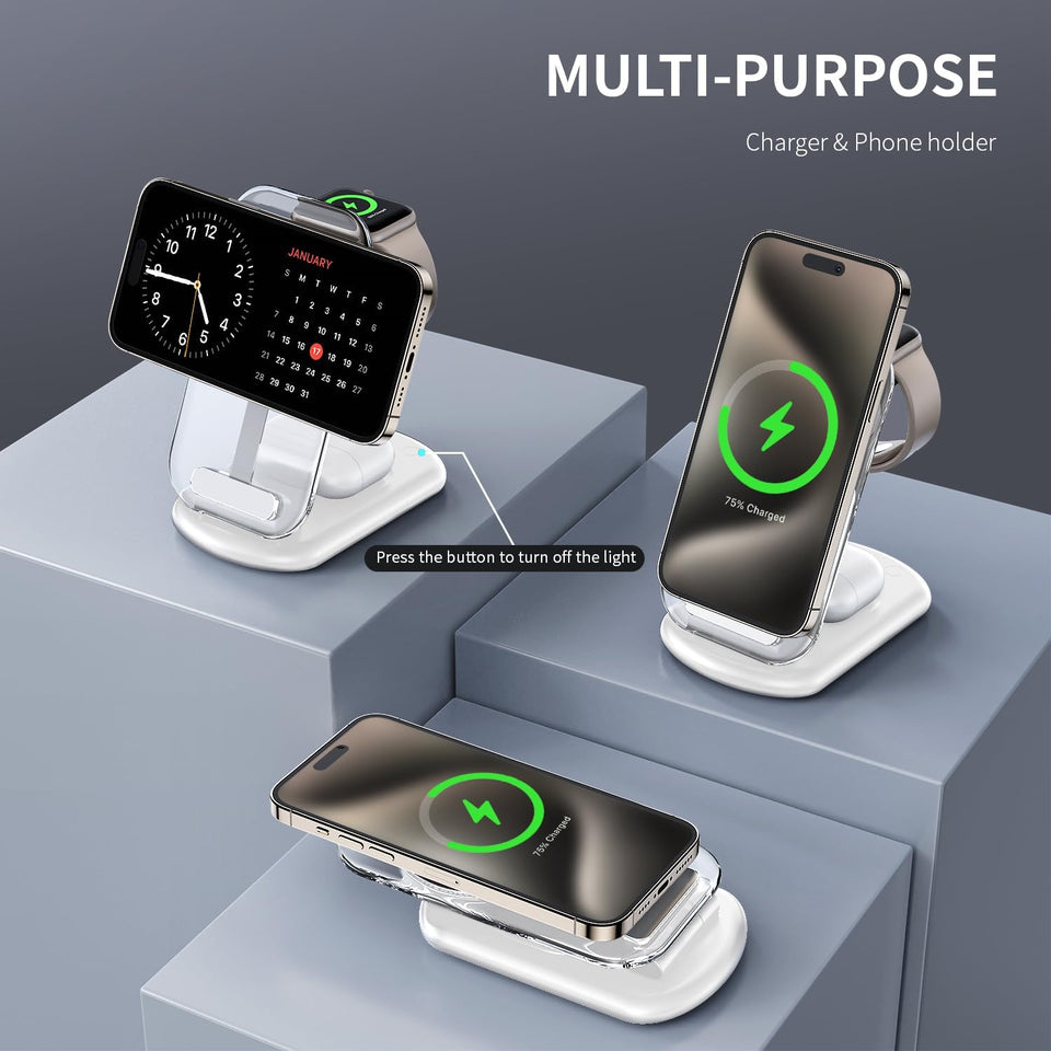 2025 MagSafe 3-in-1 charging station with night light for iPhone, Apple Watch, AirPods travel and bedside use
