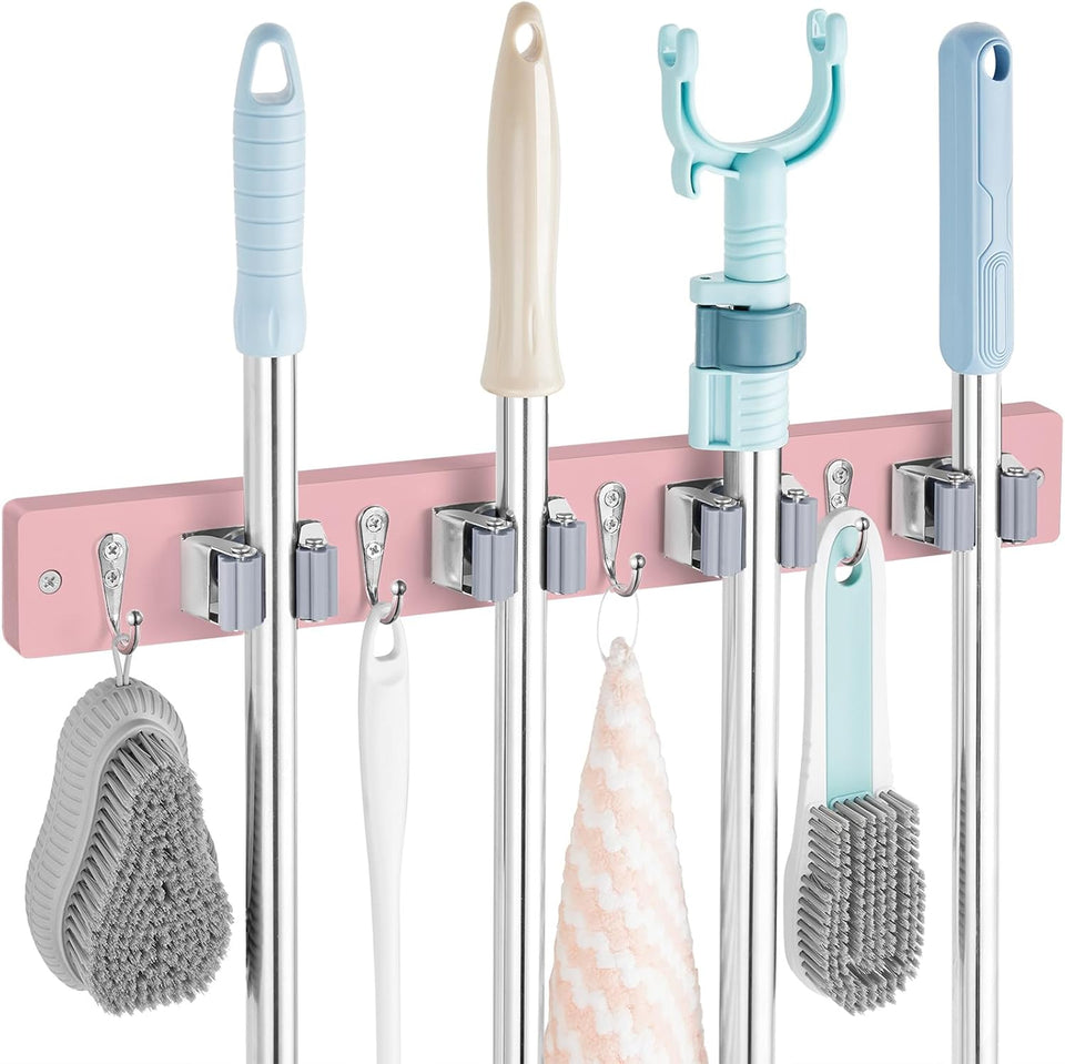 Mop and Broom Holder Wall Mount - Rustic Wood Broom Mop Hanger - Wall Mounted Garden Tool Rack Organizer for Closet Garage Laundry Room Kitchen Decor With 4 Slots & 4 Hooks - Rayz Mart