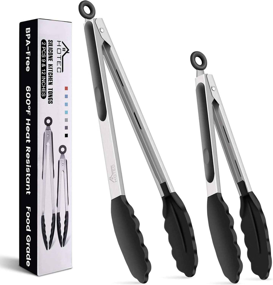HOTEC Premium 7 & 9 Inch Kitchen Tongs, Stainless Steel Locking Cooking Tongs with Silicone Tips, Non-Scratch & Heat Resistant, Serving Tongs for Salad, BBQ, Classic Blue, Set of 2