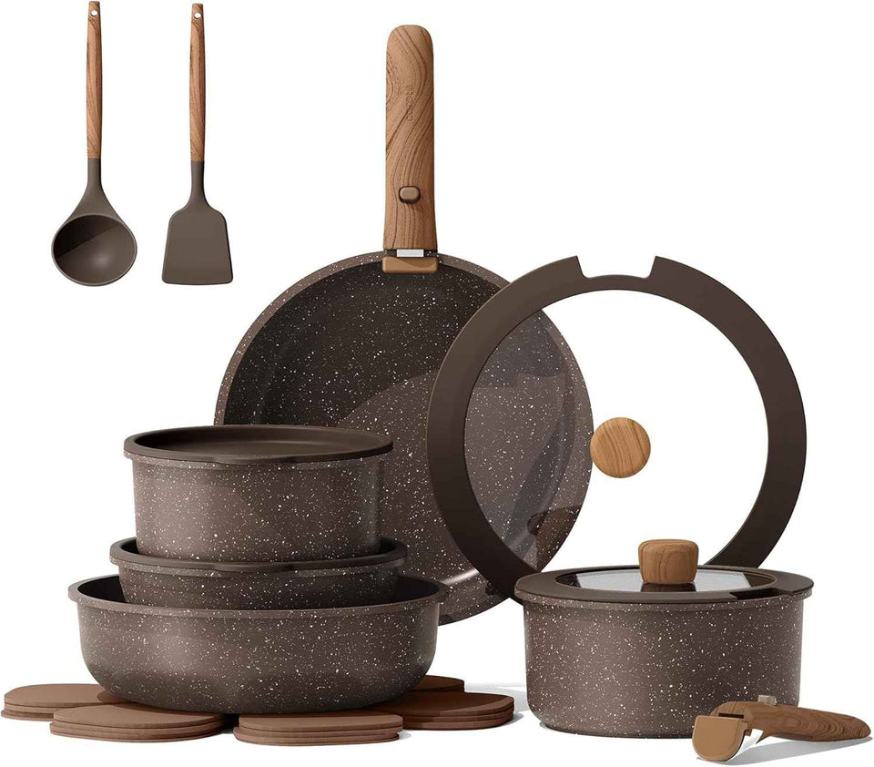 CAROTE 17-Piece Non-Stick Cookware Set, Induction Kitchen Pots and Pans, Oven and Dishwasher Safe, Brown