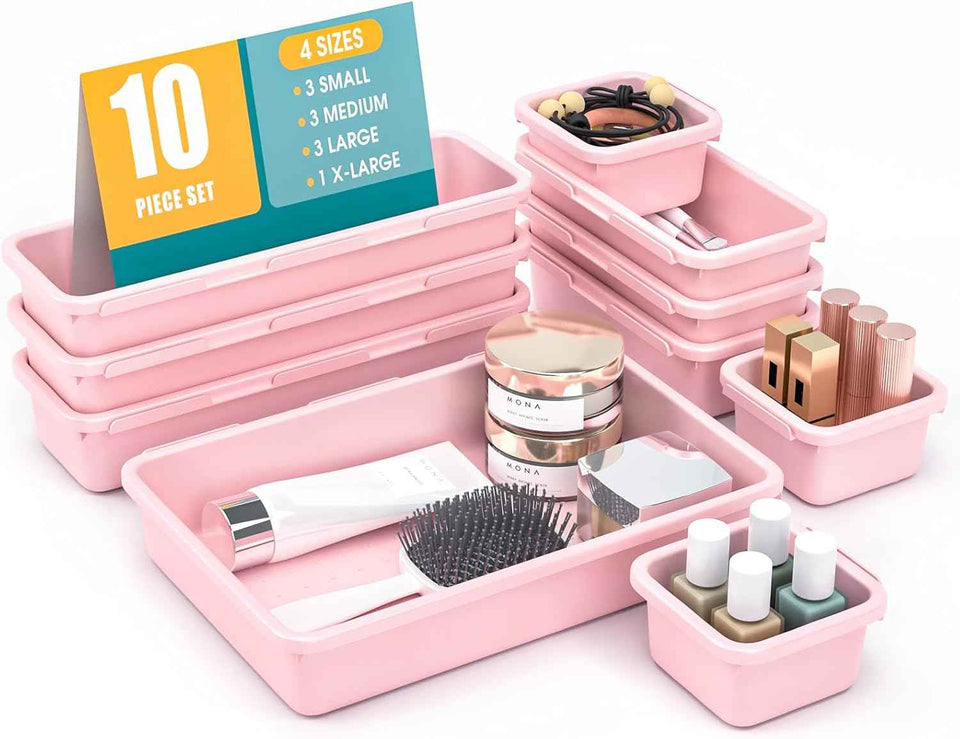 10 PCS Drawer Organizer Set, 4 Size Makeup Drawer Divider Organizer With Non-Slip Pads, Interlocking Plastic Storage Bins for Office,Jewelry Vanity,Gadgets, Bathroom,Kitchen, Black