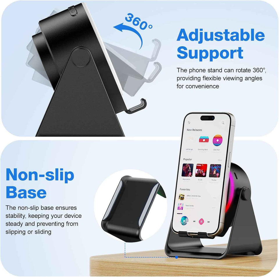TARKARI Wireless Induction Speaker, 5 in 1 Bluetooth Speaker, 360° Rotation Cell Phone Stand with Colorful Ambient Light Compatible with iPhone iPad Android Tablet, Birthday Gifts for Women Men Him