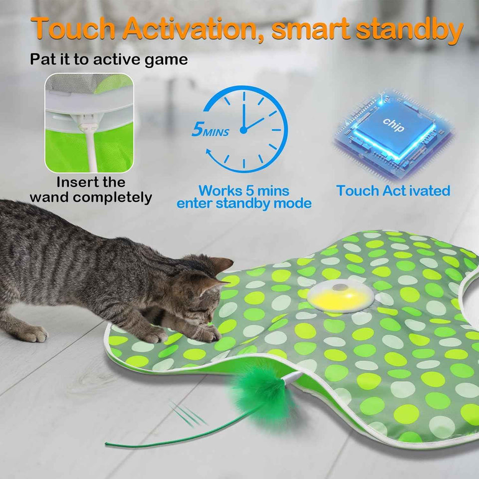 Interactive Concealed Feathers Cat Toy, Rechargeable, Touch Activated, Real Mouse Squeaky, Indoor Exercise Toy for Adult Cats