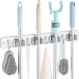 Mop and Broom Holder Wall Mount - Rustic Wood Broom Mop Hanger - Wall Mounted Garden Tool Rack Organizer for Closet Garage Laundry Room Kitchen Decor With 4 Slots & 4 Hooks - Rayz Mart
