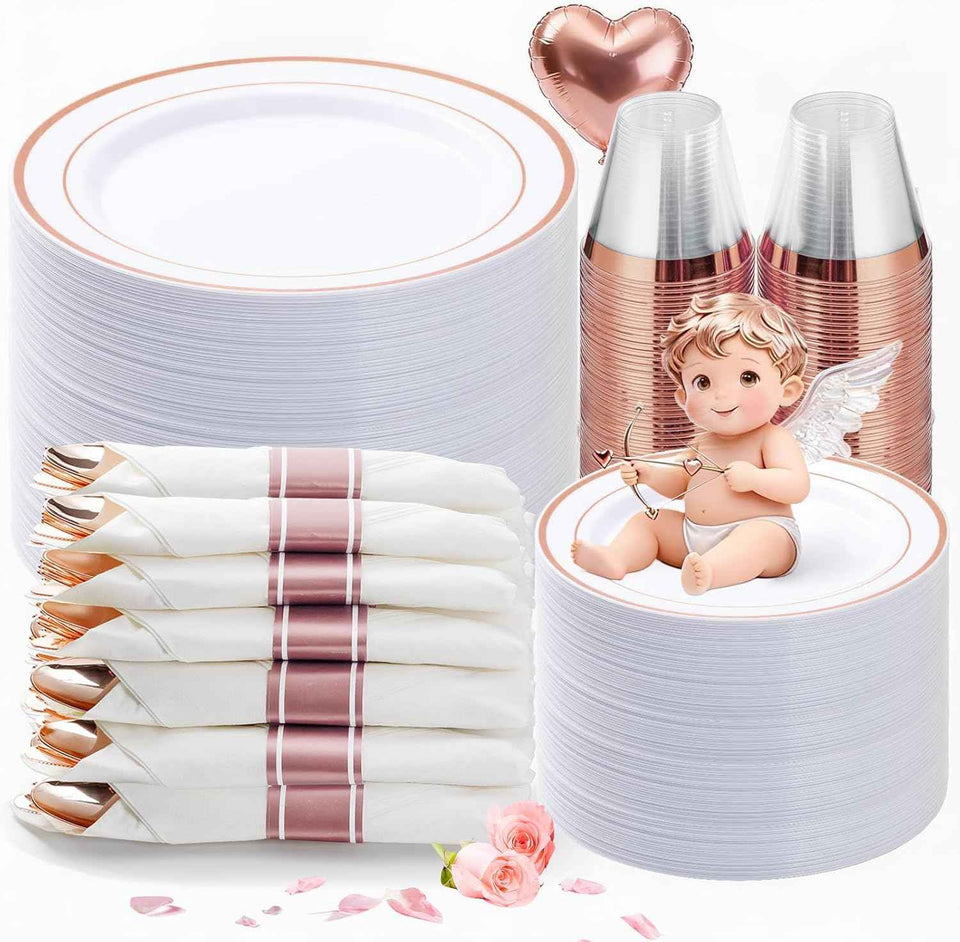 BESTVIP 700PCS Gold Plastic Dinnerware Set for 100 Guests, Disposable Plates for Party, Include: 200 Plastic Plates, 100 Pre Rolled Napkins with Gold Silverware, 100 Cups for Christmas, Halloween