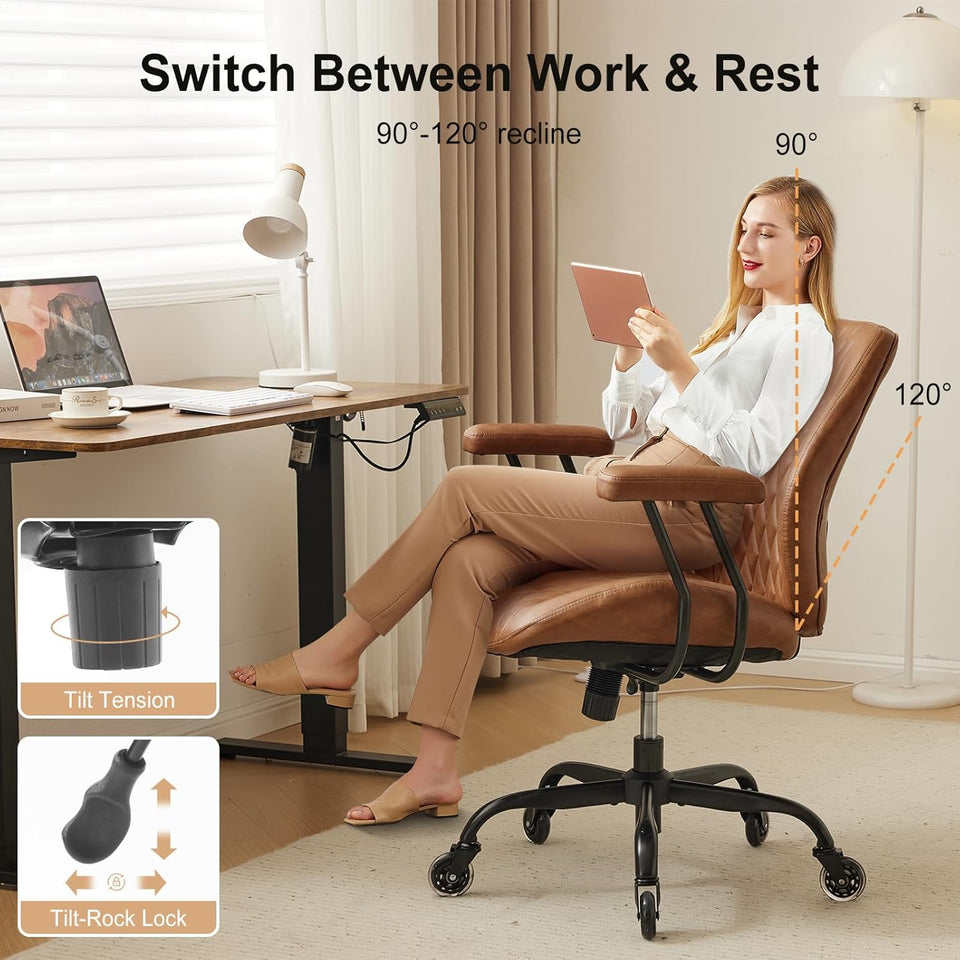 YFO Home Office Desk Chair Office Rubber Casters Ergonomic Computer Chair with Lumbar Support Adjustable Height Rolling Swivel Executive Task Armrests Chair， Brown Leather