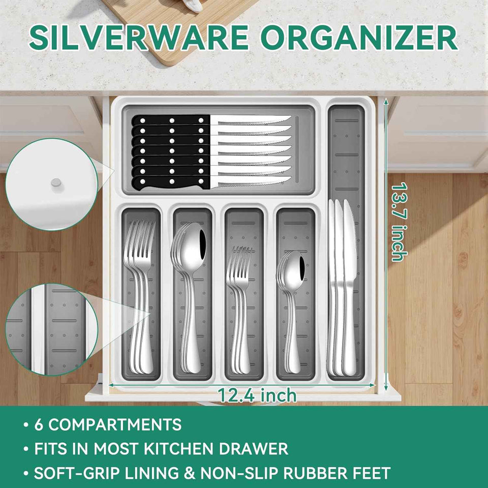 Premium 49-Piece Stainless Steel Silverware Set with Organizer for 8, Includes Steak Knives and Kitchen Utensils