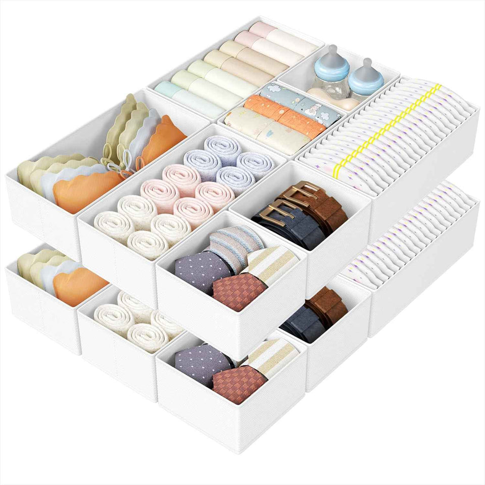 DIMJ Drawer Organizers Clothes, Set of 4 Dresser Organizer Bins, Fabric Closet Organizers and Storage, Shallow Drawer Dividers for Nursery, Clothing, Baby Clothes, Socks, Underwears, Tie (Beige)