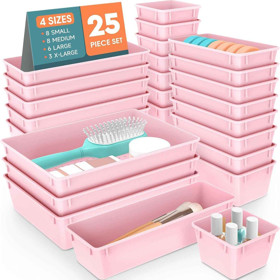 25 PCS Plastic Drawer Organizer Set, 4-Size Versatile Organizer Trays & storage Bins for Makeup, Jewelry, and Gadgets in Bathroom, Bedroom and Office,Clear Black