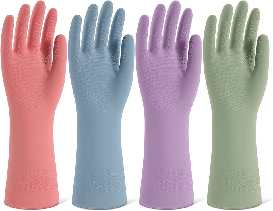 Reusable Rubber Dishwashing Gloves, 4 Pairs Kitchen Gloves for Washing Dishes and Cleaning, Non-Slip Grip, Flocked Lining, Perfect for Women and Men