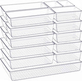 Criusia Drawer Organizer, 10 Pack Large Clear Plastic Set, 3 Size Versatile Bathroom and Vanity Organizer Trays, Storage Bins for Makeup, Bedroom, Kitchen Utensils