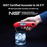 NIST certified digital meat thermometer with instant read, waterproof, and backlit display for precise temperature reading in BBQ, smoker, grill, candy, and cooking applications