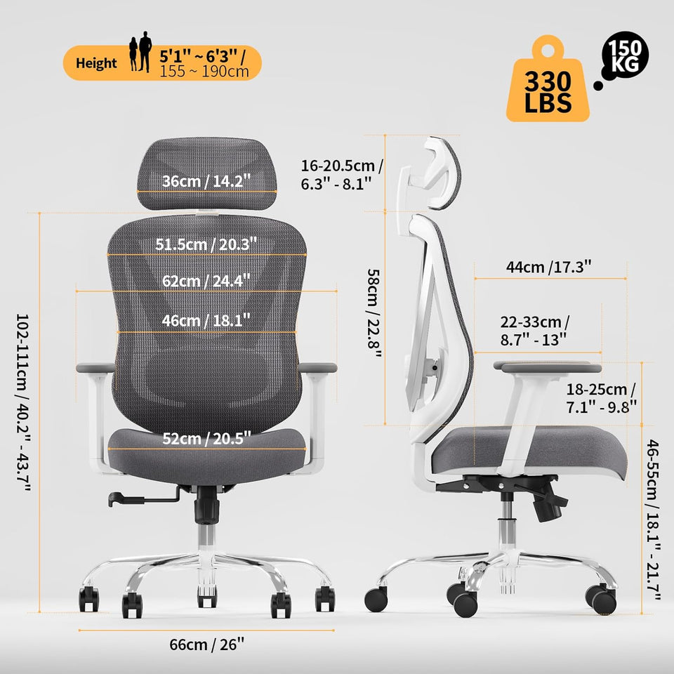Ergonomic Mesh Office Chair - 3D Adjustable Lumbar Support & 3D Armrests, V-Shaped Back, Adjustable Desk Chair for Office & Home, White