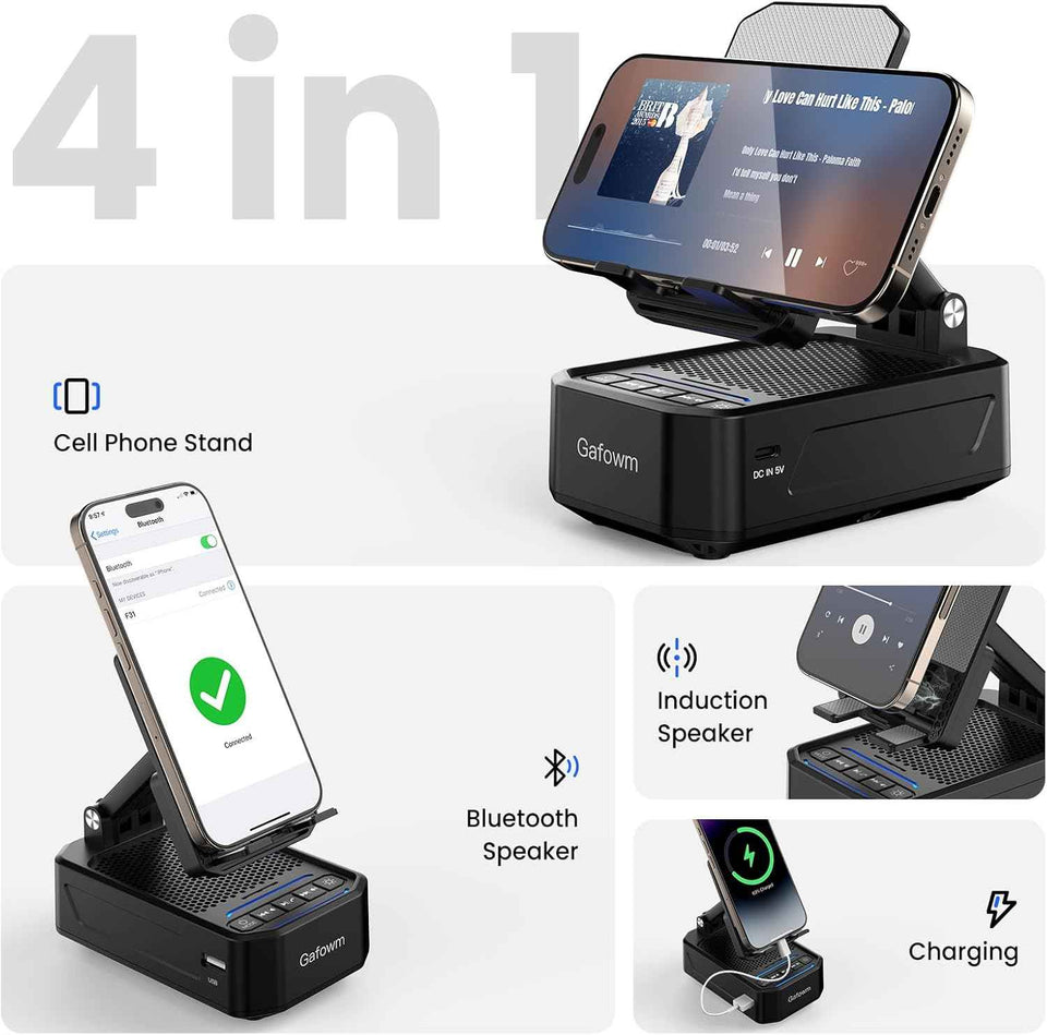 Cell phone stand with instant wireless induction Bluetooth speaker and no pairing needed
