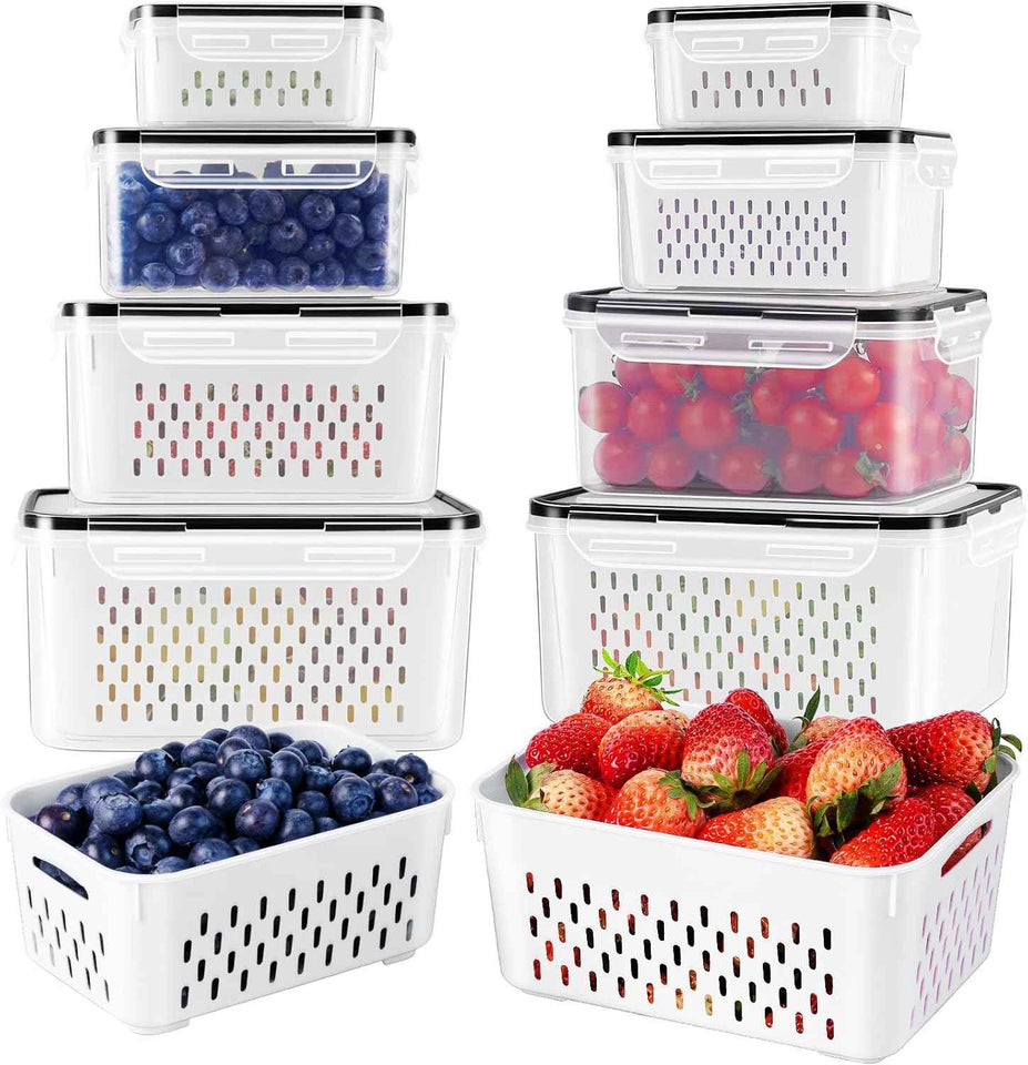 Fruit Storage Containers for Fridge with Removable Colander, Airtight Food Storage Container, Dishwasher Safe Produce Saver for Refrigerator, 4 PCS Small Clear